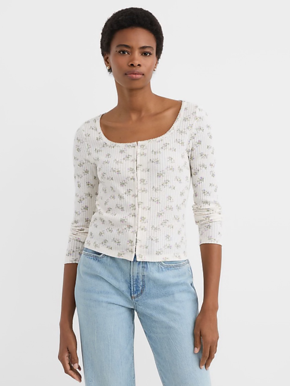 NWT LOFT Floral Scalloped Ribbed Square Neck Cardigan